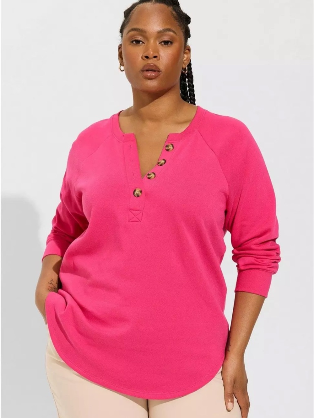 torrid Bright Hot Pink Henley Sweatshirt with Button Placket
